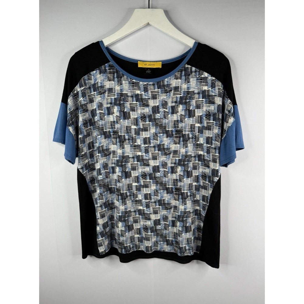 St. John Womens Sz M Geometric Print Colorblock‎ Blue Black Tee Top